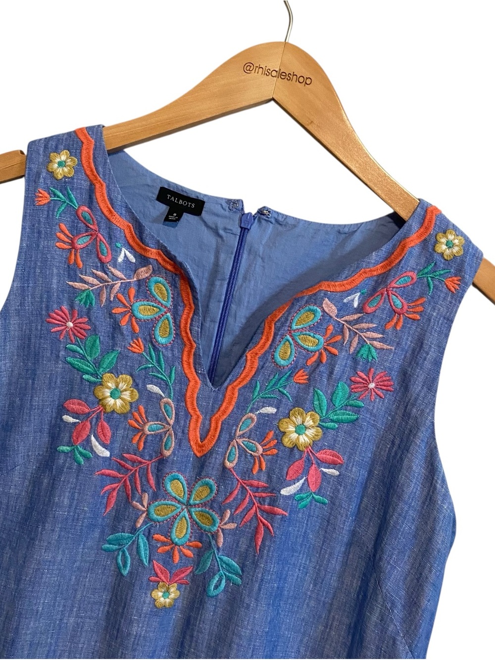 Talbots Chambray Floral Sleeveless Embroidered Linen Shift Dress Size 8 - Picture 3 of 7